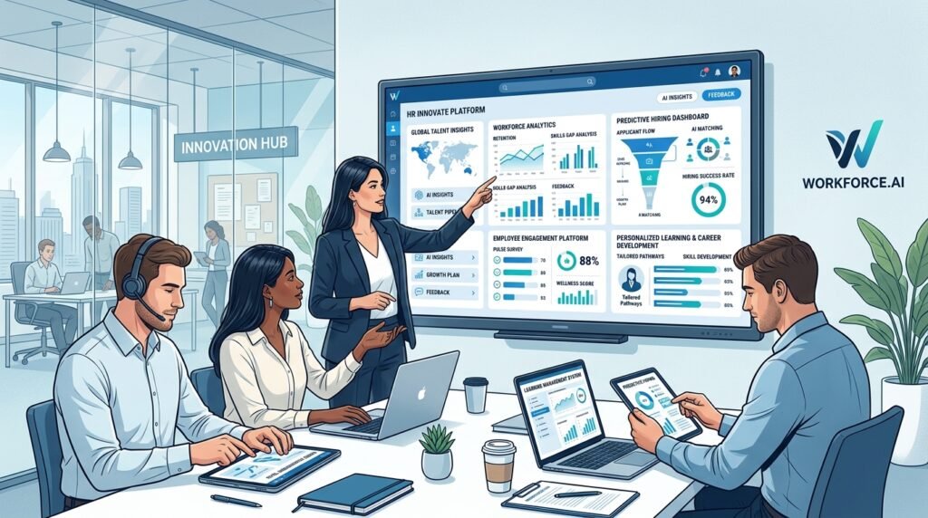 Illustration showing the future of Artificial Intelligence in Human Resources and workforce management.