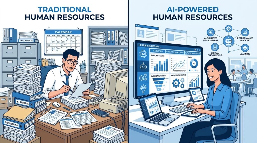 Comparison between traditional Human Resources processes and AI-powered HR systems.