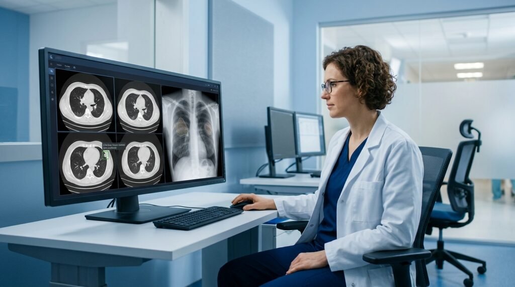 Healthcare professional using AI-assisted medical imaging for disease diagnosis