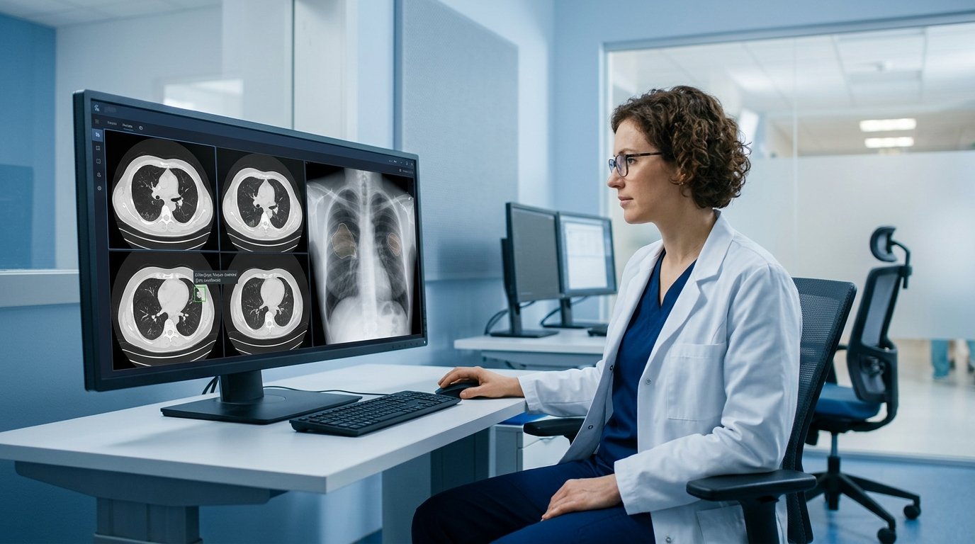 Healthcare professional using AI-assisted medical imaging for disease diagnosis
