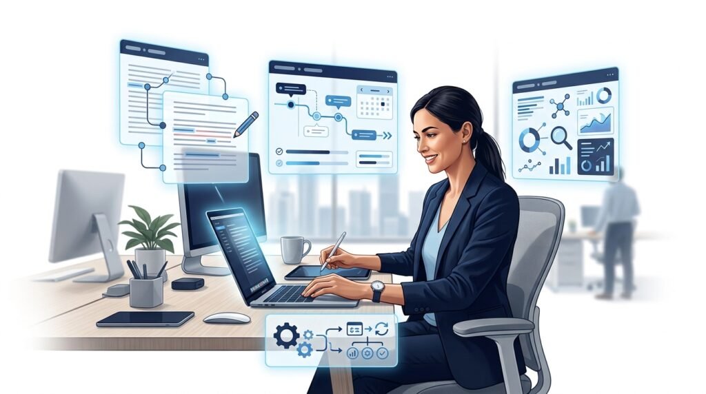 Professional working alongside AI to improve productivity.