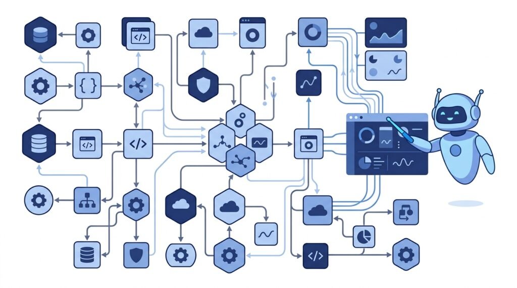 Illustration of AI analyzing a large software codebase with multiple connected modules.