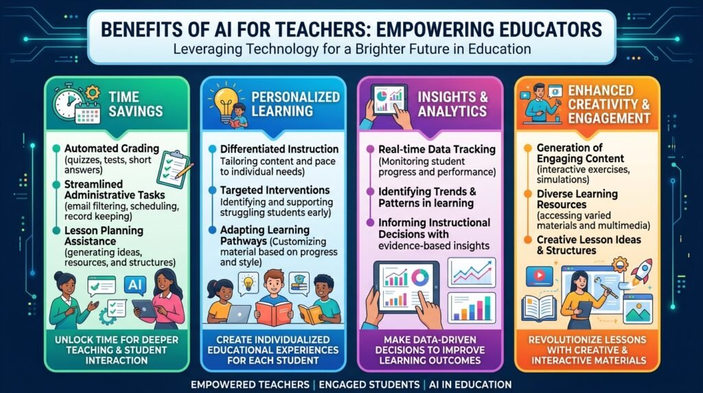 Infographic illustrating the main benefits of AI for teachers including time savings and personalized learning.
