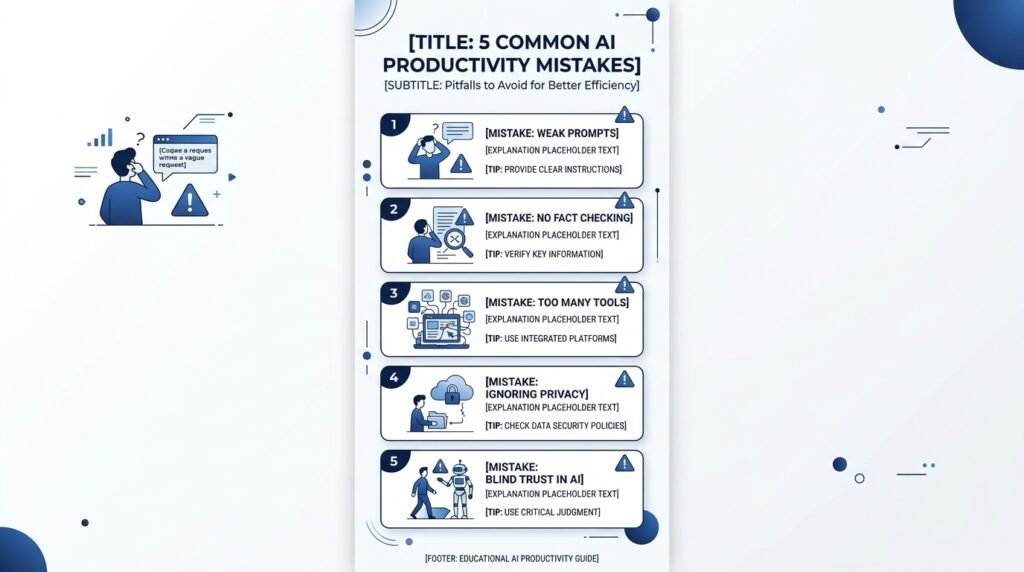 Infographic showing common mistakes when using AI for productivity.