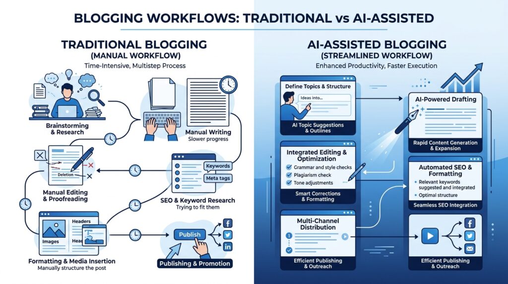 Comparison between traditional blogging and AI-assisted blogging