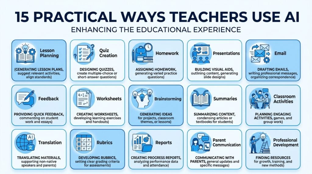 Infographic showing fifteen practical ways teachers can use AI in everyday classroom tasks.