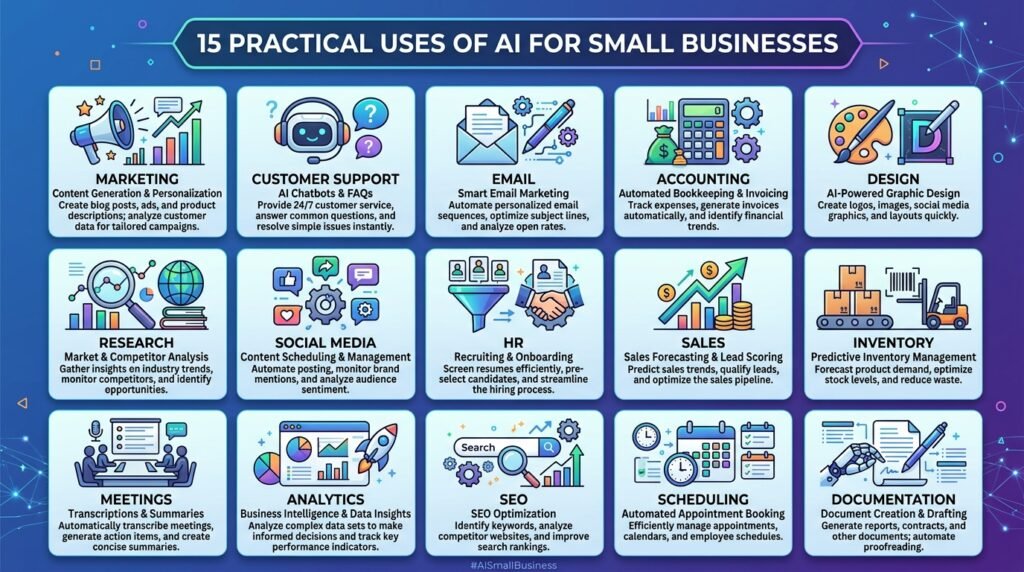 Infographic illustrating 15 practical ways small businesses can use AI for marketing, customer service, productivity, and operations