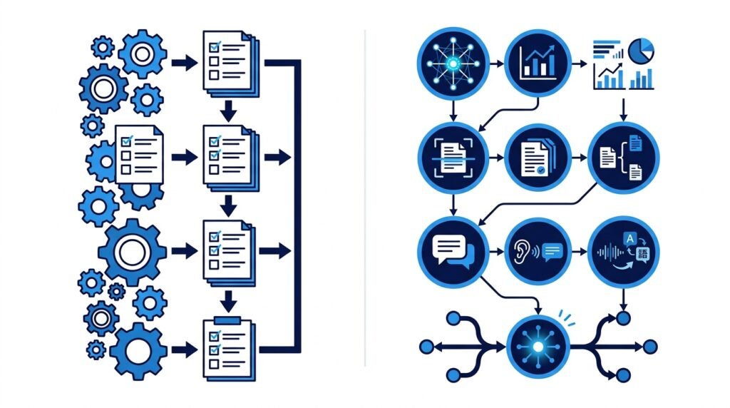 Comparison between traditional automation and AI business automation workflows