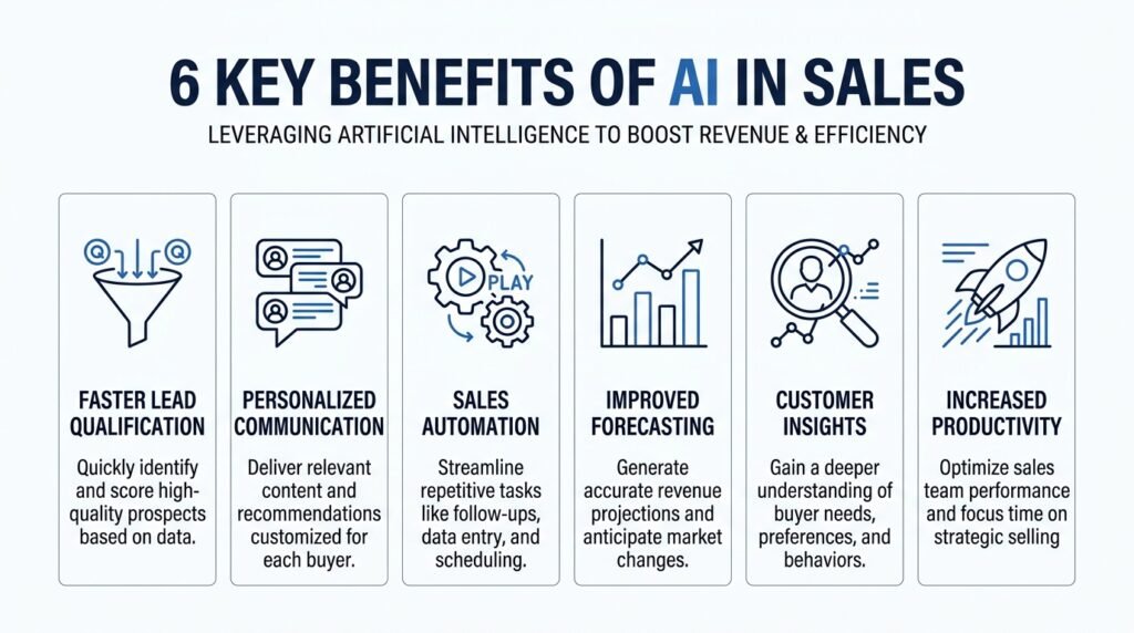 Infographic highlighting the main benefits of artificial intelligence in sales.