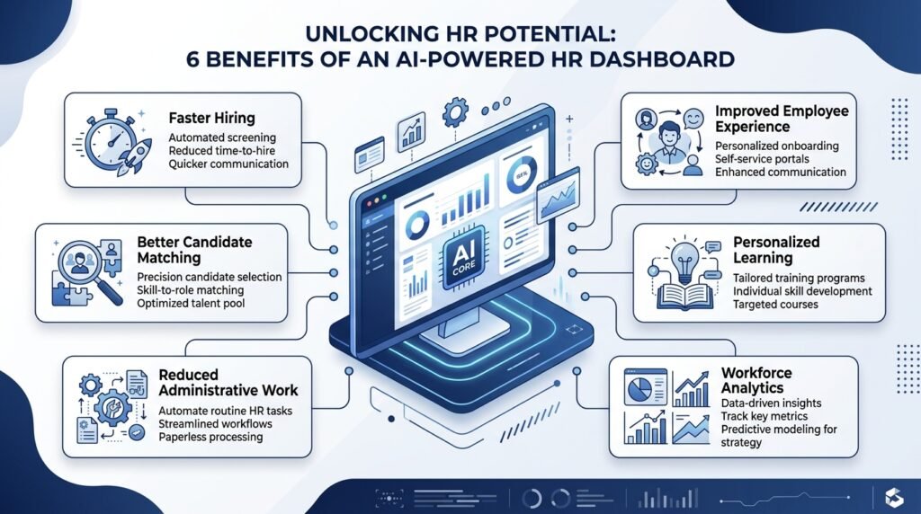 Infographic highlighting the key benefits of Artificial Intelligence in Human Resources.
