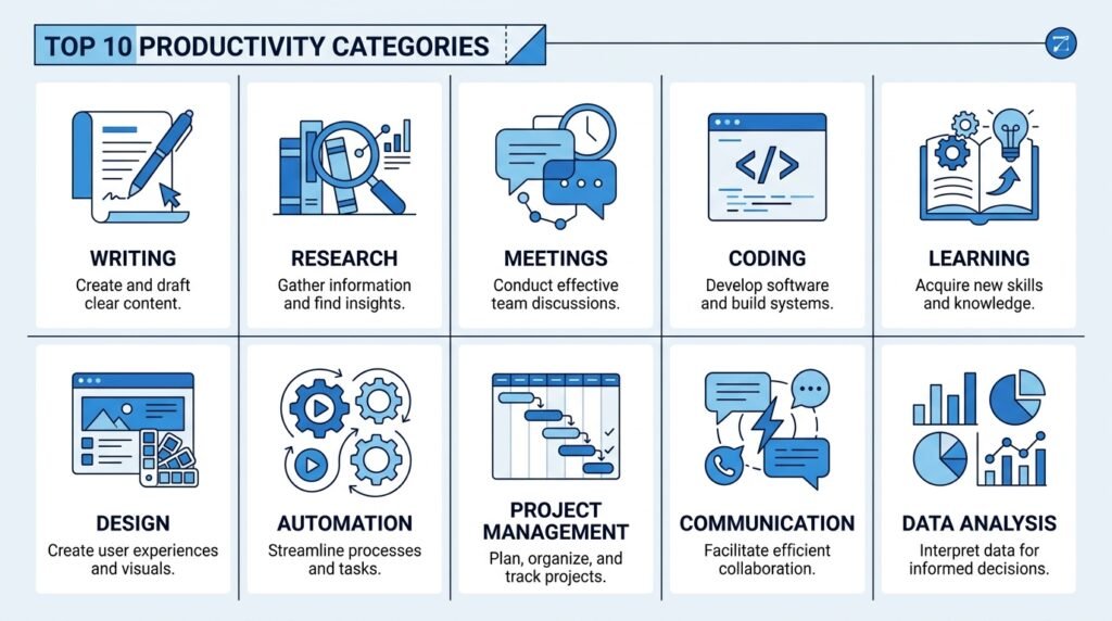 Infographic showing different areas where AI improves everyday productivity.