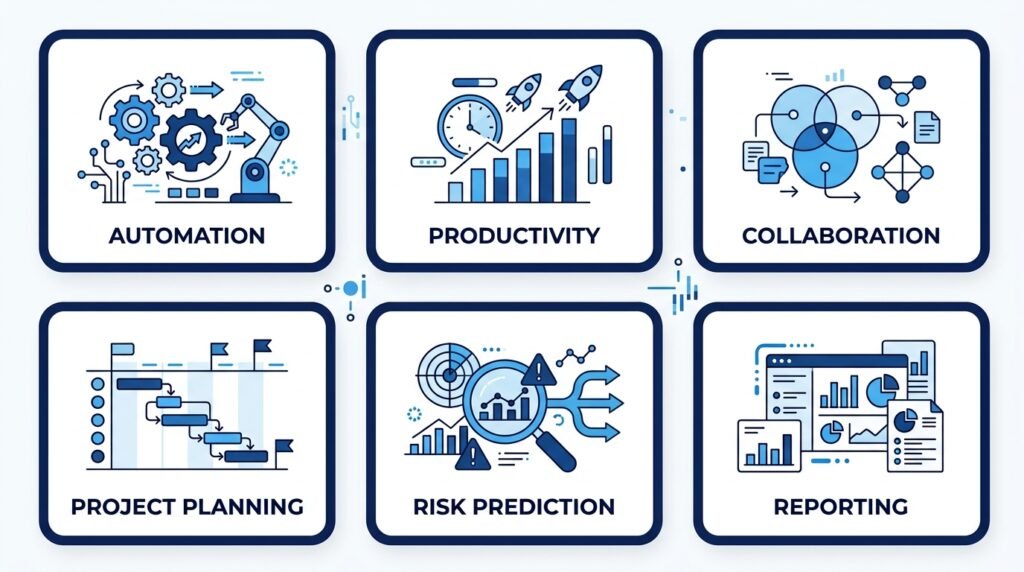 Infographic illustrating the main benefits of AI in project management.