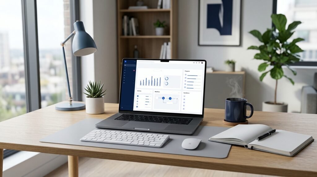 Modern workspace showing AI productivity tools on a laptop for improving work efficiency.
