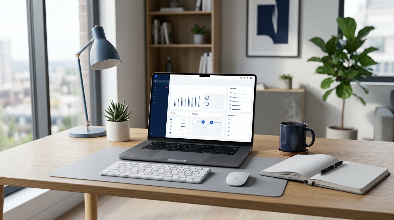 Modern workspace showing AI productivity tools on a laptop for improving work efficiency.
