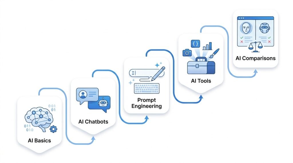 Learning roadmap connecting AI chatbot guides with related AI education topics.
