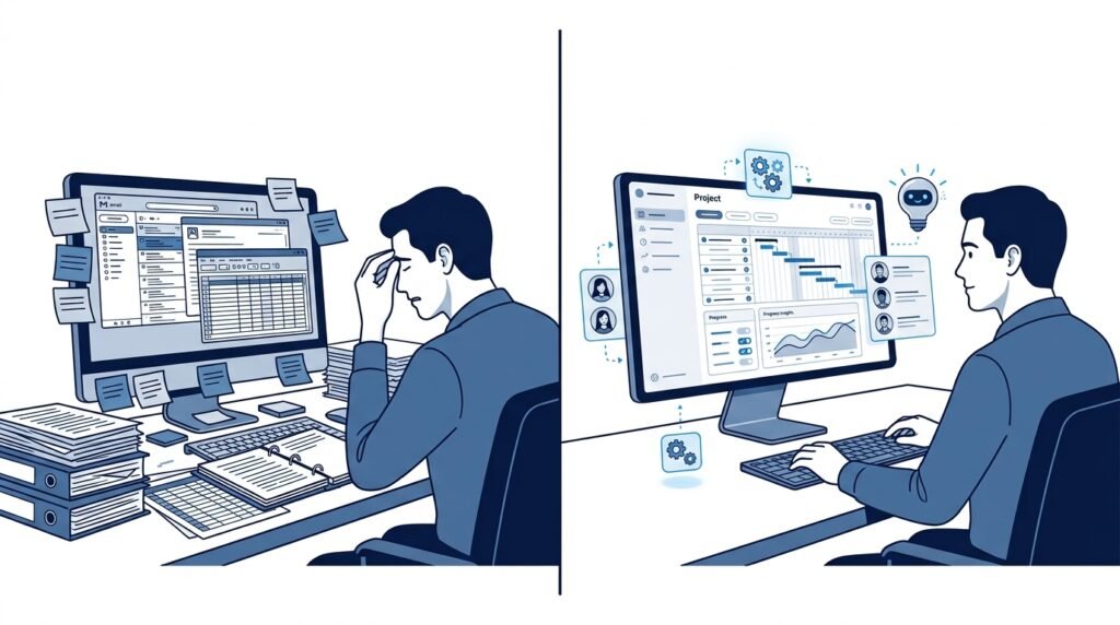 Comparison between traditional project management and AI-assisted project management workflows.