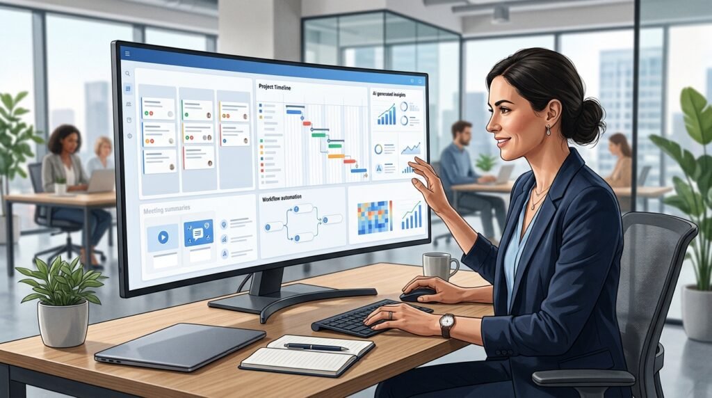 Professional illustration showing AI-powered project management dashboard with task automation and team collaboration.