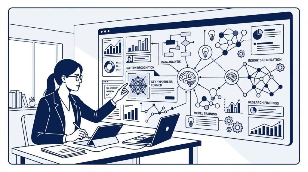 Human researcher collaborating with artificial intelligence technology