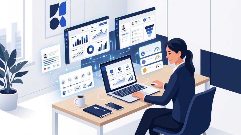 A premium editorial illustration of a modern sales professional using artificial intelligence to analyze customer insights on a laptop. Minimal SaaS design with floating analytics dashboard, CRM interface, email automation, and lead scoring cards. Clean white and navy background with subtle blue accents (#225BDA). Professional business environment, flat isometric style, no robots, no futuristic holograms, no text, no logos, no watermark, high-end educational website aesthetic.