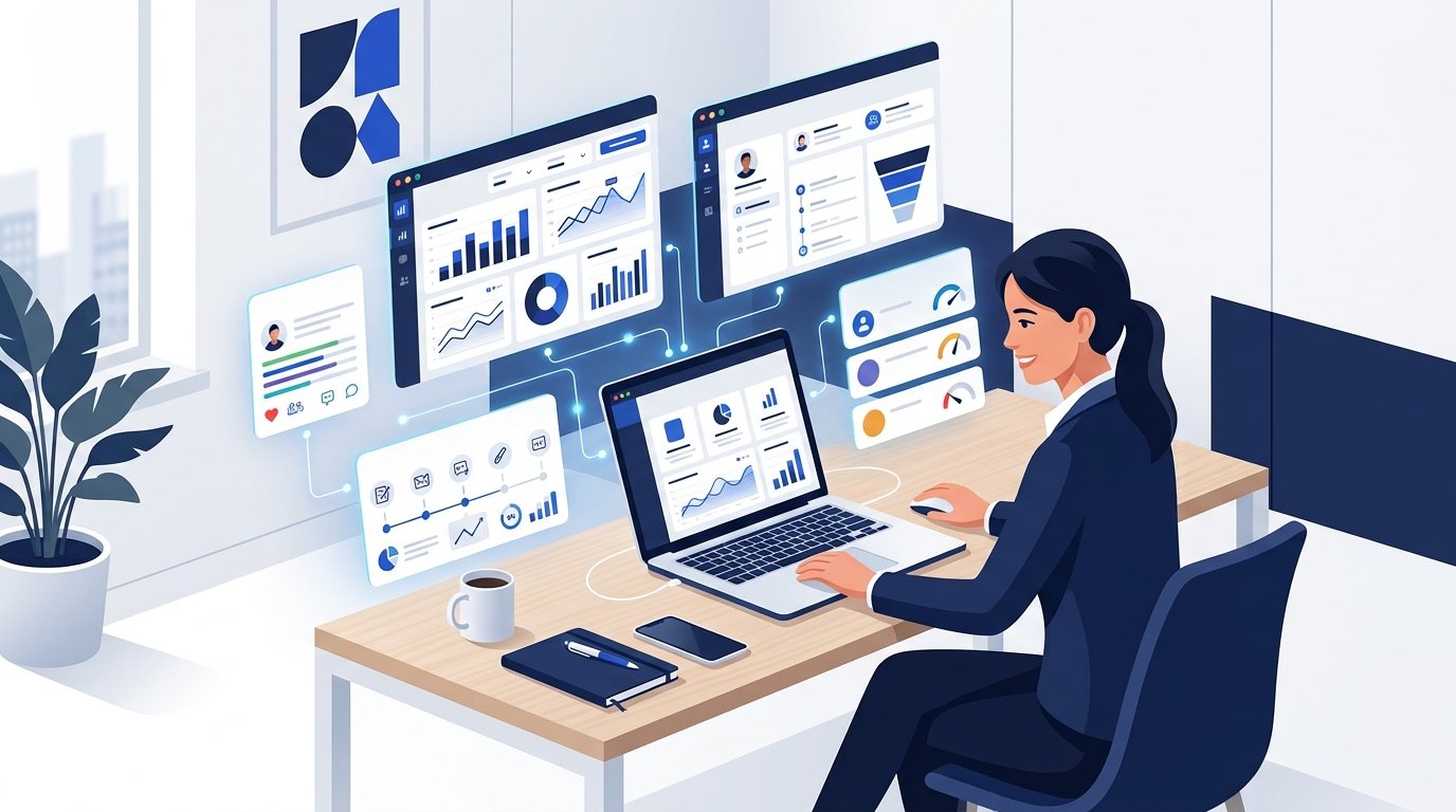 A premium editorial illustration of a modern sales professional using artificial intelligence to analyze customer insights on a laptop. Minimal SaaS design with floating analytics dashboard, CRM interface, email automation, and lead scoring cards. Clean white and navy background with subtle blue accents (#225BDA). Professional business environment, flat isometric style, no robots, no futuristic holograms, no text, no logos, no watermark, high-end educational website aesthetic.