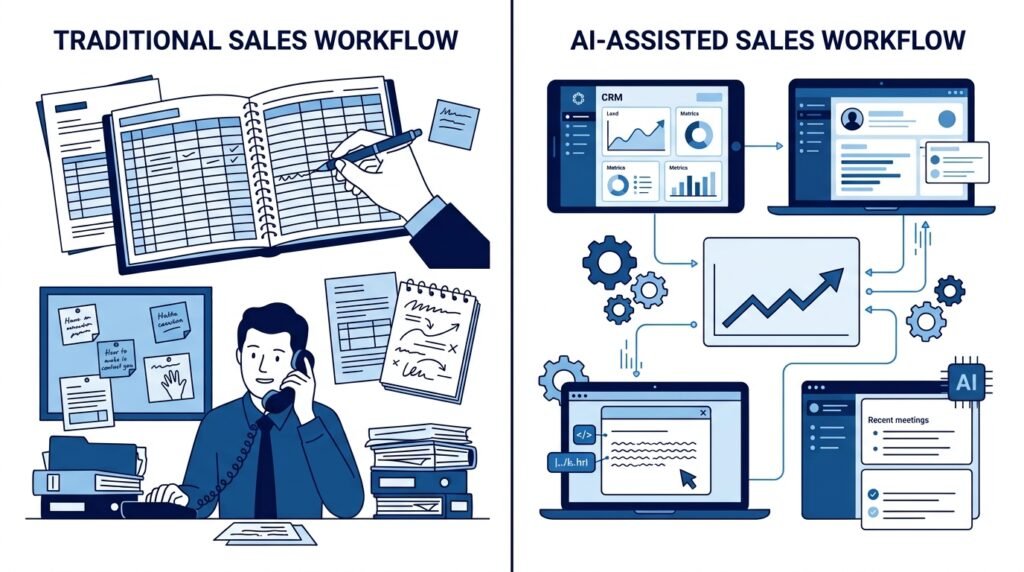 Comparison between traditional sales methods and AI-assisted sales workflows.