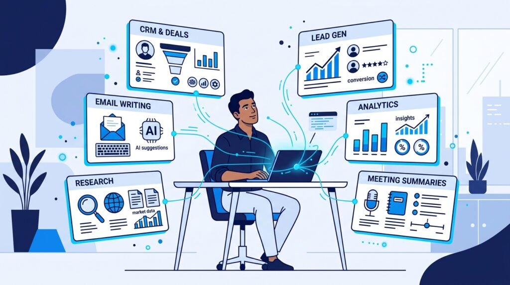 Illustration showing different categories of AI tools used by sales professionals.