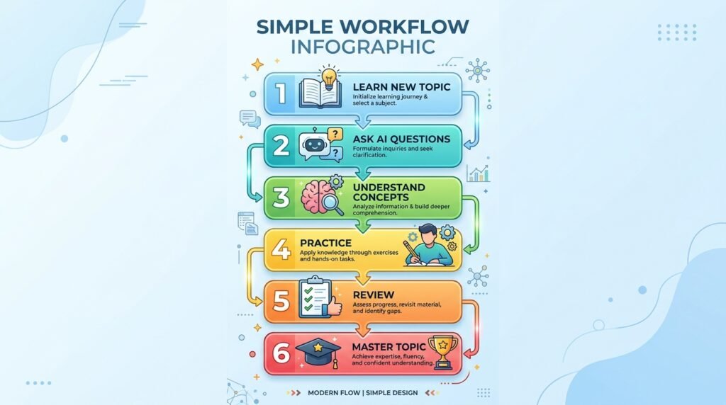 Workflow showing how students can use AI to learn, practice, and review academic subjects.