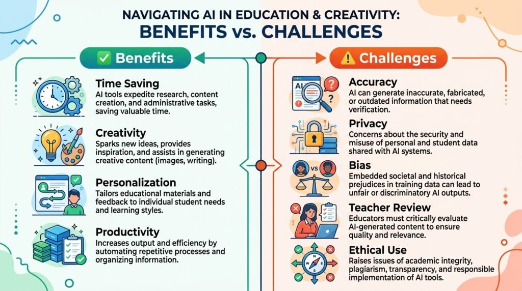 Comparison of the benefits and challenges of using AI in education.