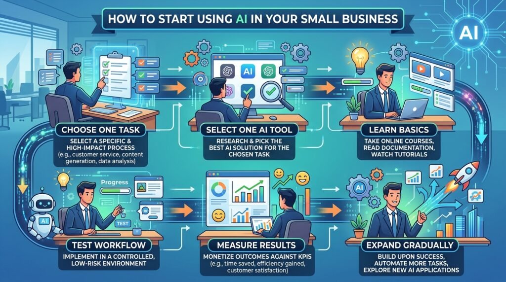 Step-by-step roadmap showing how small businesses can successfully adopt AI tools