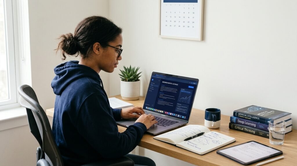 Student using AI tools for studying, research, writing, and exam preparation on a laptop.