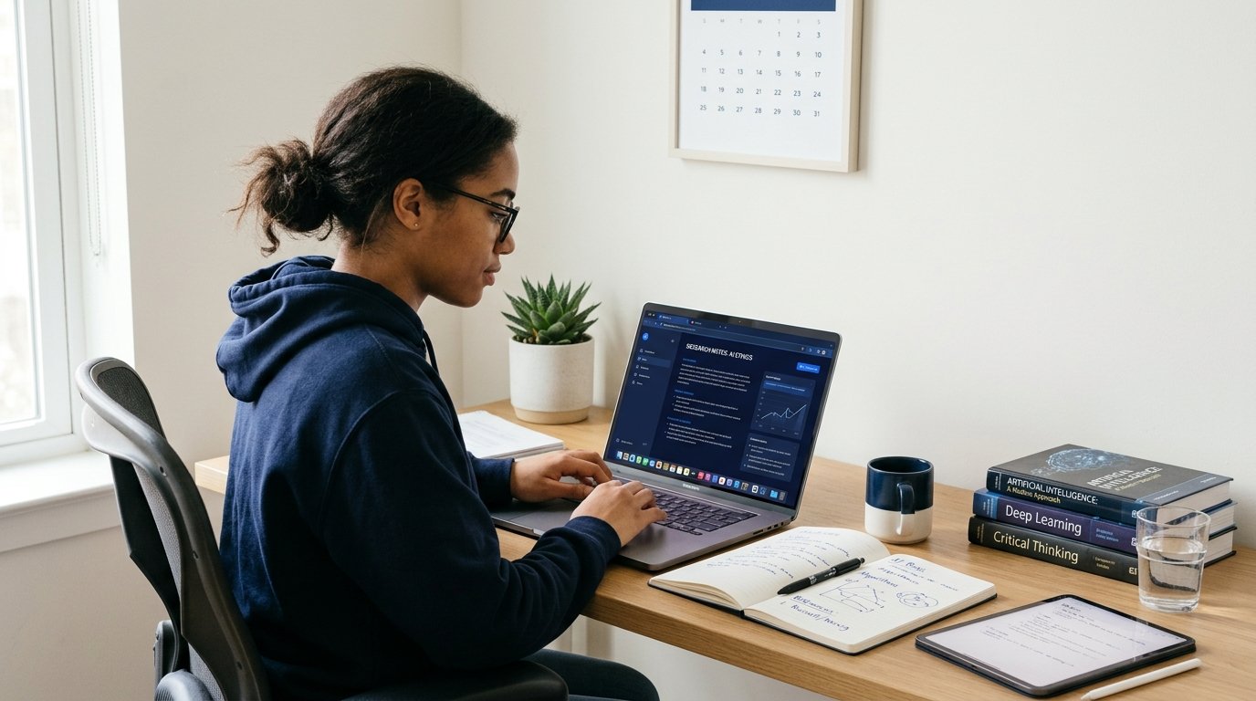 Student using AI tools for studying, research, writing, and exam preparation on a laptop.