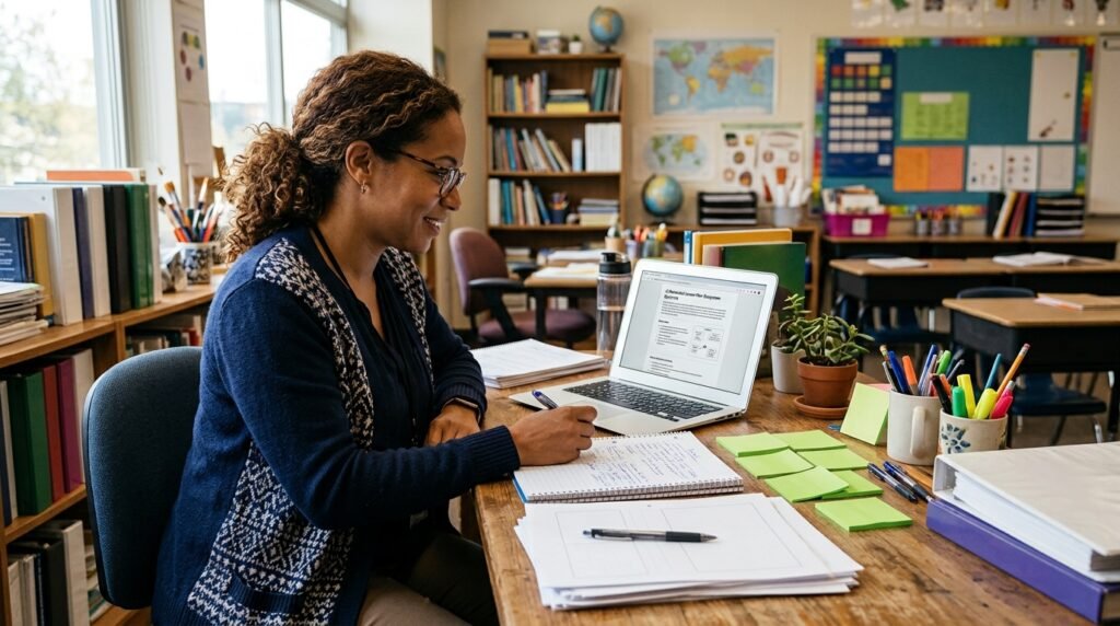 Teacher reviewing an AI-generated lesson plan before class.