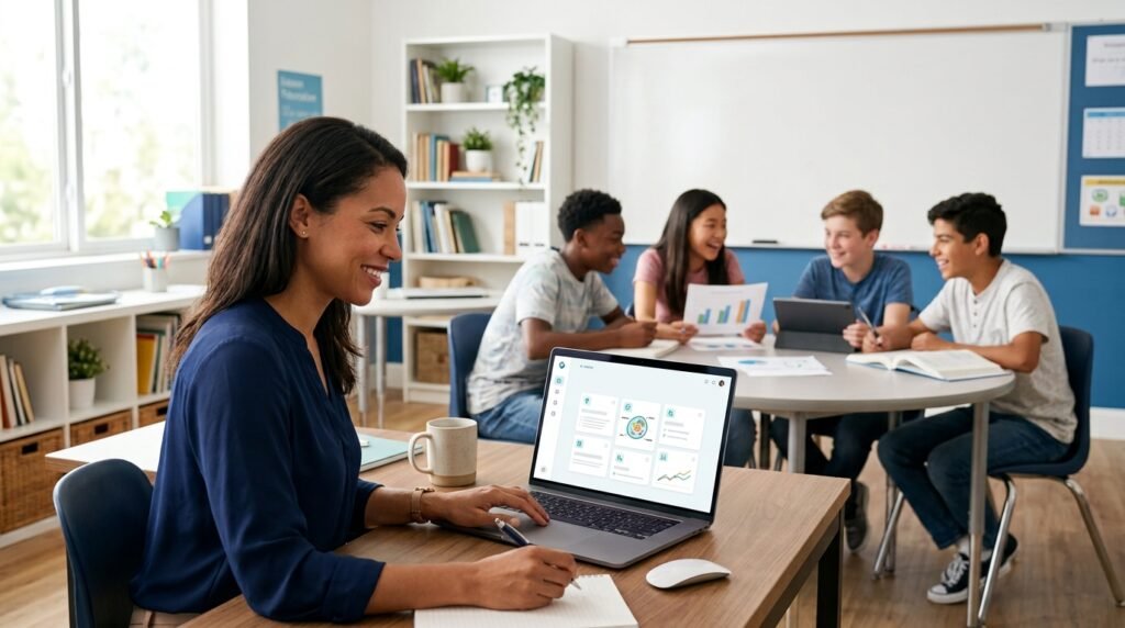 Teacher using AI tools to prepare a lesson in a modern classroom.