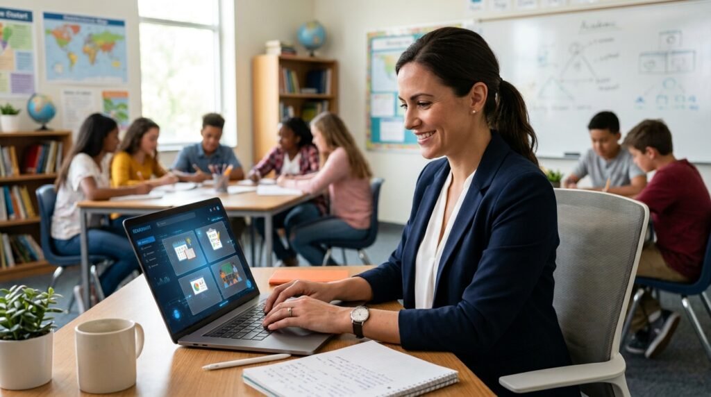 Teacher using AI tools to improve classroom productivity and lesson planning.