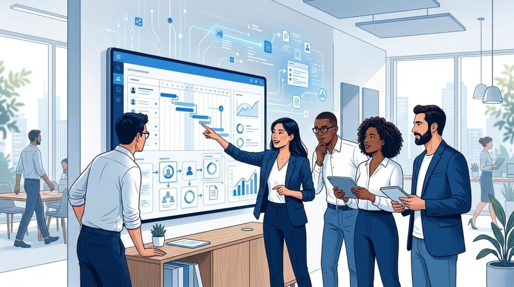 Team collaborating with AI-powered project management tools to improve productivity.
