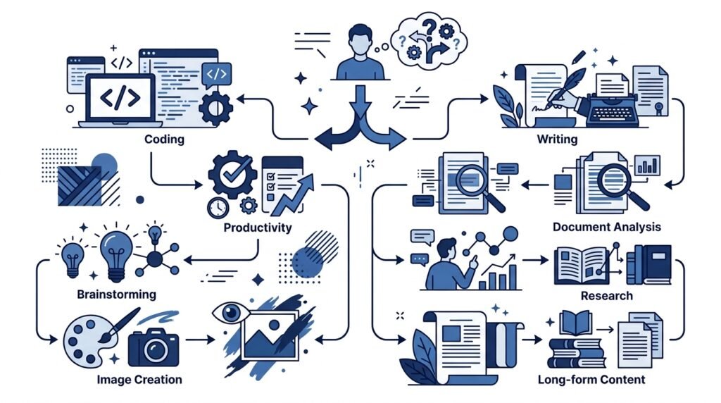 ChatGPT vs Claude comparison illustration showing two AI assistants in a clean modern interface.