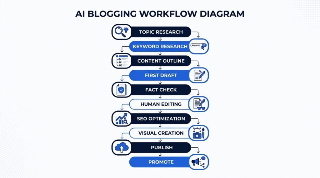AI blogging workflow from topic research to publishing