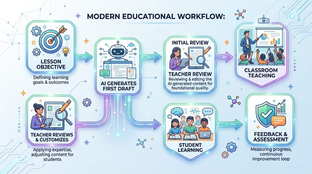 Workflow showing how AI assists teachers from lesson planning to classroom instruction and student feedback.