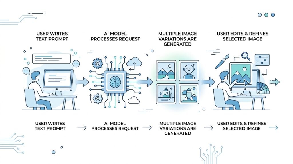 Workflow showing how AI image generators create images from text prompts