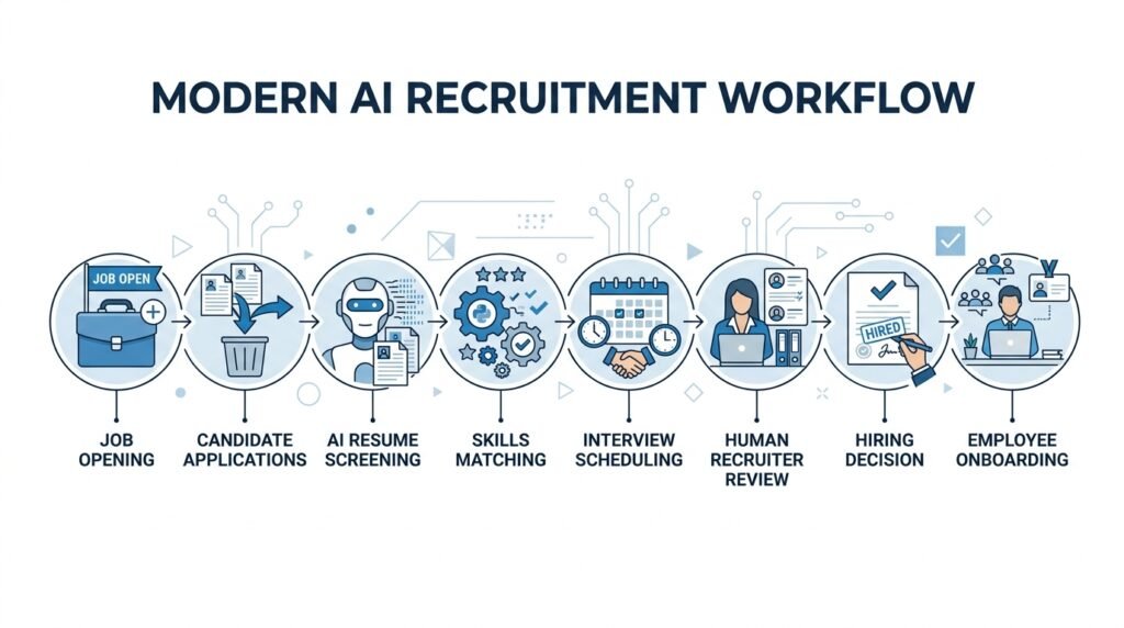 Workflow illustrating how AI supports recruitment from job posting to employee onboarding.
AI in Human Resources