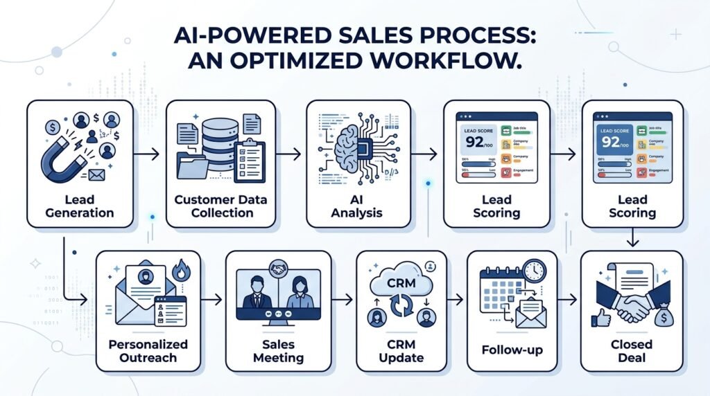 Workflow showing how artificial intelligence supports the sales process from lead generation to customer follow-up.