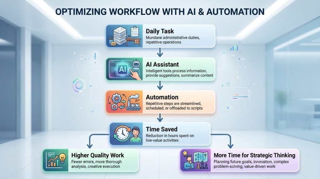 Workflow showing how AI improves productivity by automating repetitive tasks.