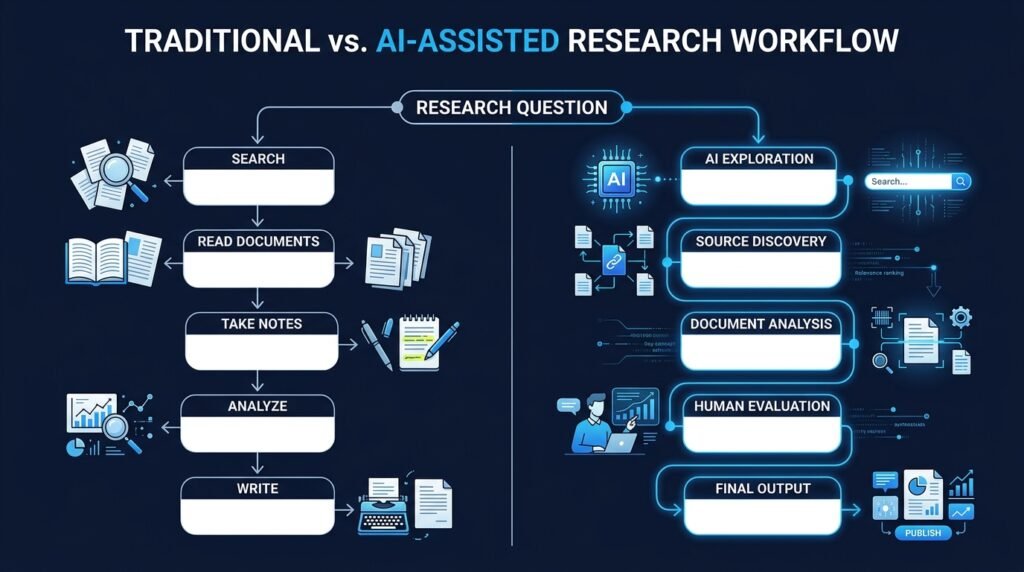Comparison between traditional research workflow and AI-assisted research workflow