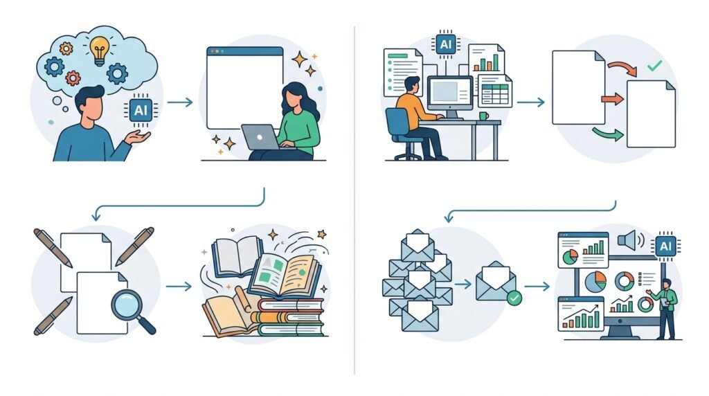 Workflow illustration comparing ChatGPT and Microsoft Copilot for writing articles, emails, reports, and creative content