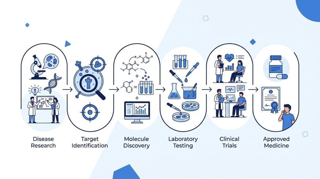 Workflow illustrating the traditional stages of drug discovery from disease research to approved medicine.