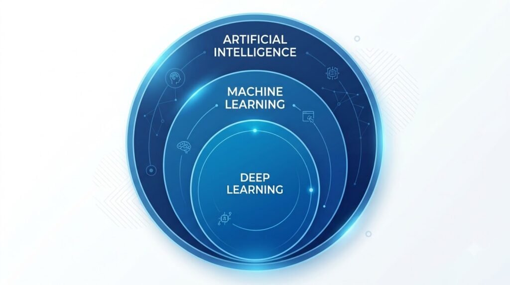 Diagram illustrating that Deep Learning is a subset of Machine Learning, which is a subset of Artificial Intelligence.