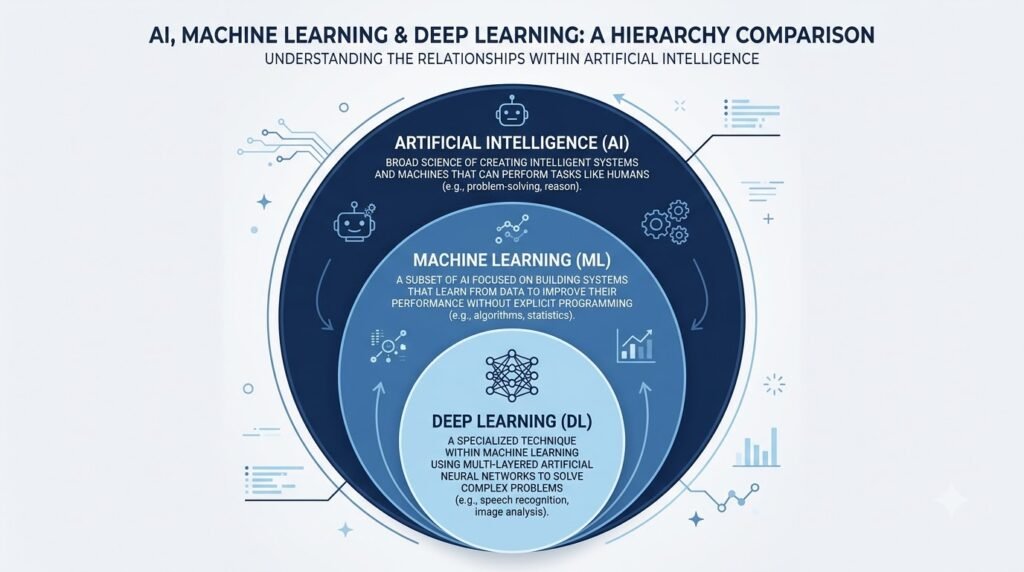 Diagram comparing artificial intelligence, machine learning, and deep learning using nested circles.