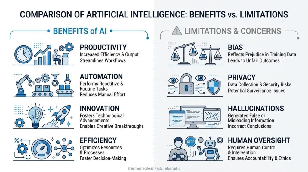Comparison infographic showing the main benefits and limitations of artificial intelligence.