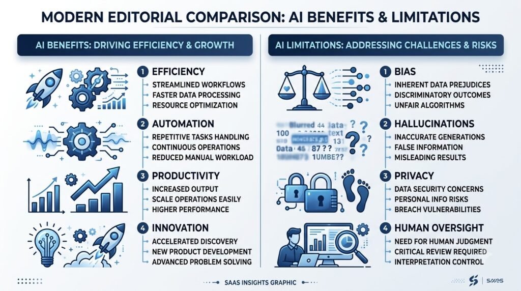 Balanced comparison of the benefits and limitations of artificial intelligence