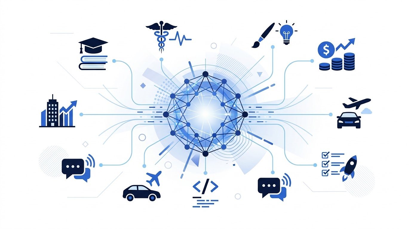 Illustration showing artificial intelligence connecting everyday applications such as education, healthcare, business, creativity, and productivity.